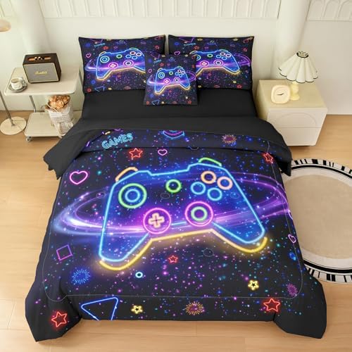 MWMWMW 6 pcs Boys Full Size Bedding Set, Gaming Comforter Sets for Boys,Kids Comforter Set for Boy Teens with 1 Comforter, 1 Flat Sheet, 1 Fitted Sheet, 1 Pillow Cover, 2 Pillowcases