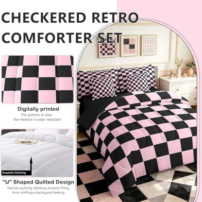 Feelyou Checkered 7 Piece Bedding Set Teen Pink Black Plaid Comforter Set with Sheets Queen Size Kids Boys Cute Retro Neutral Checkerboard Geometric Bed in a Bag Vintage Aesthetic Room Decor