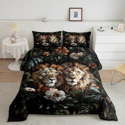 Couple Lion Kids Comforter Set King Size,Flowers Palm Leaf Tropical Rustic Bedding Set,Girls Boys Room Decor,Botanical Wildlife Jungle Animals Quilt Comforter,Vintage Duvet Insert,2 Pillowcases