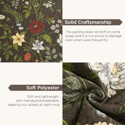 Litanika Floral Dark Brown Quilt - 3Pcs Botanical Birds Bedding Set