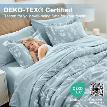 MUXHOMO Mineral Blue Cal King Comforter Set, Elegant Floral Print Bed in a Bag 7 Pieces, Ultra Soft & Breathable Reversible Botanical Pattern Bedding Set with Comforter, Sheets, Pillowcases, and Shams