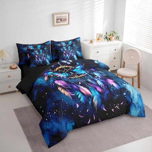 Erosebridal Blue Butterfly Dream Catcher Queen Bed in A Bag 7 Piece Marble Comforter Set with Sheets Boho Gypsy Butterfly Bedding Sets for Kids Girls Women,Indian Hippie Feather Bed Set