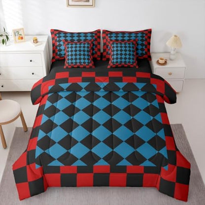 Feelyou Checkered Retro Twin Comforter Set with Sheets for Kids Boys Girls Red Blue Black Plaid 7 Pieces Bedding Set Geometric Vintage Bed in a Bag Modern Simple Groovy Aesthetic Room Decor Soft