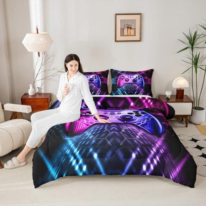 Castle Fairy Teens Gamepad Comforter Set,Modern Gamer Reversible Down Comforter Twin Size for Kids Boys Children Youth,Video Game Bedding Set Player Gaming Duvet Insert for Bedroom,Blue Pink