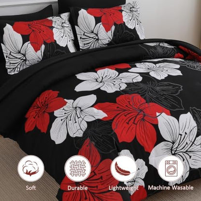 Luxudecor Red Black Comforter Set King Size, 7 Pieces Floral Bed in a Bag