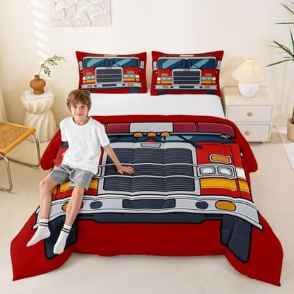 Feelyou Red Fire Truck Comforter Set Full Size Firefighter Bedding Set for Kids Boys Girls Firemen Car Vehicle Duvet Quilt Bedroom Decor Microfiber 3 Pcs with 2 Pillow Cases