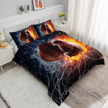 Axolotl Boxing Bedding Set King,Sports Theme Comforter Set,3Pcs Boxing Gloves Bedding,Red Blue Cool Lightning Comforter,Pugilism Games Bed for Kids Boys Teens Men,1 Quilt 2 Pillowcases