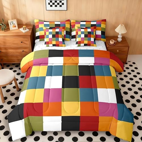 jejeloiu Classic Plaid Comforter Set with Sheets 7 Piece Twin Size