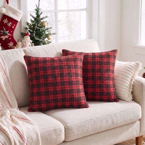 AVOIN colorlife Christmas Red Black Plaid Decorative Throw Pillow Covers, 20 x 20 Inch Holiday Scottish Tartan Cushion Case Farmhouse Decoration for Sofa Couch Set of 2