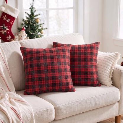 AVOIN colorlife Christmas Red Black Plaid Decorative Throw Pillow Covers, 20 x 20 Inch Holiday Scottish Tartan Cushion Case Farmhouse Decoration for Sofa Couch Set of 2