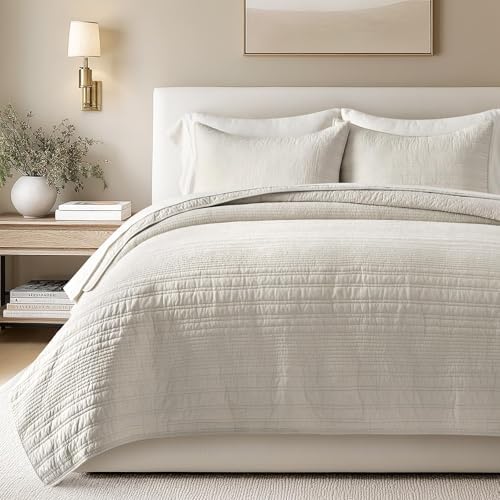 EVERGRACEHOME 100% Cotton Modern Lines Quilt Set Queen Size, Birch