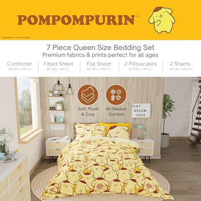 Sanrio Pompompurin Bedding Set, Queen Size 7 Piece Set Kids Super Soft Cozy Reversible Comforter and Sheet Set with Sham, (100% Officially Licensed Product) by Franco
