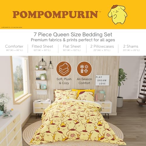 Sanrio Pompompurin Bedding Set, Full Size 7 Piece Set Kids Super Soft Cozy Reversible Comforter and Sheet Set with Sham, (100% Officially Licensed Product) by Franco