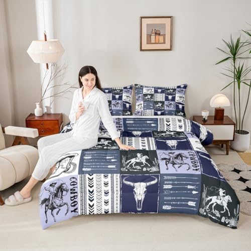 Manfei Cowboy Comforter Set Twin Size, Horse Bull Skull Cowboy Boots Hat Bedding Set 2pcs, Kids Boys Teens Room Decor, Boho Navy Blue Lattice Patchwork Down Comforter Western Quilt Set, 1 Pillowcase