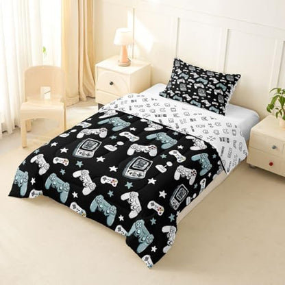 Castle Fairy Gamepad Twin Size Comforter Set,Video Gaming Black Duvet Set Soft Bed Collection,Kids Games Consoles Bedding Comforter for Boys Girls Bedroom,2 Pcs