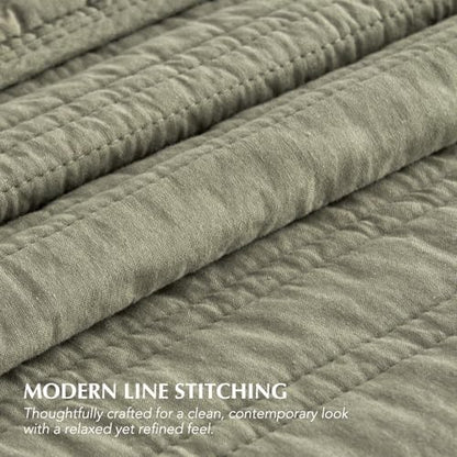 EVERGRACEHOME 100% Cotton Modern Lines Quilt Set King Size, Light Sage