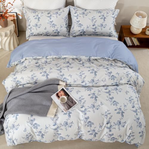 OAITE Twin Duvet Cover Set 3pcs 100% Cotton Vintage Blue Rose Floral