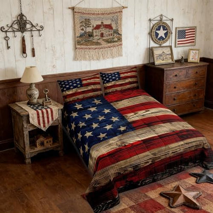 Castle Fairy American Flag Quilt Set Full Size, Brown Wooden Board Country Retro Farmhouse Natural Style Comforter Set for Girls Teens Bedroom Present, Microfiber Bedding Set with 2 Pillowcases