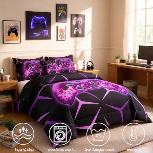 ZRNBAST Purple Gamer Bedding Set 6 Pieces Bed in a Bag Full Comforter Set
