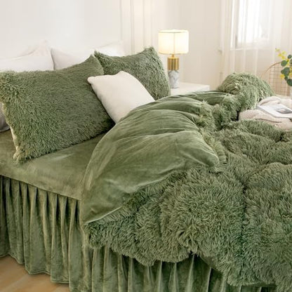 Andency Sage Green Twin Comforter Set, Fluffy Faux Fur Warm Bedding Set
