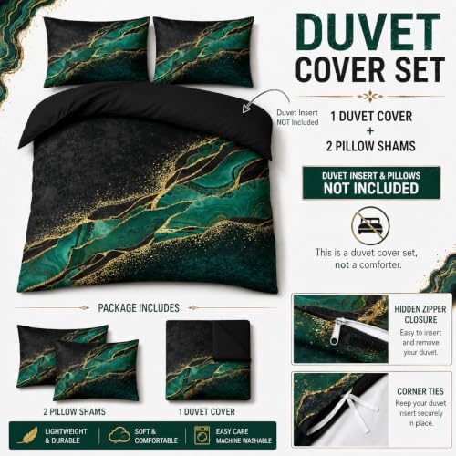 Black and Green Marble Duvet Cover Set Twin Size Gold Veins Malachite Comforter Cover Bedding Set Luxry Art Decor Bedroom