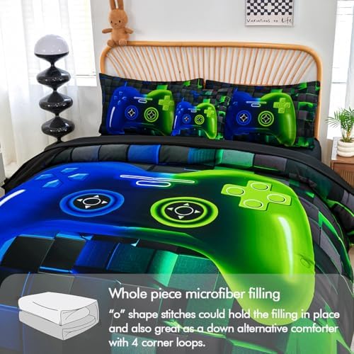 PERFEMET 6-Piece Game Full Size Bed in a Bag for Boys Blue and Green Video Gamer Bedding Set with Sheets Soft Fluffy 3D Printed Game Console Comforter Set for Kids Teen Girls(Blue Green, Full)
