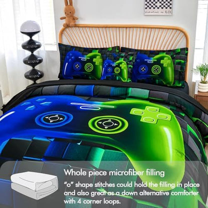 PERFEMET Gamer Comforter Queen Set 6 Pieces Blue and Green Game Console Boys Bedding Set with Sheets Soft Fluffy 3D Video Game Bed in a Bag for Kids Teen(Blue Green, Queen)