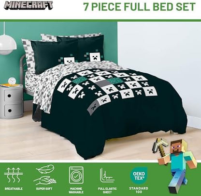 Minecraft Creeper Full Size Comforter Set 7 Piece Video Game Bedding, Green