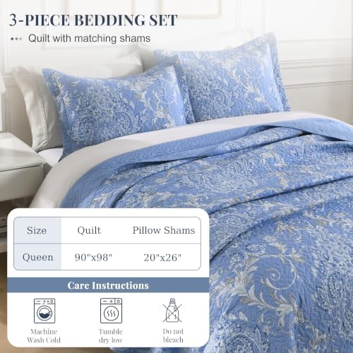 100% Cotton Quilt Set Queen Size, Classic Damask, Blue 90"x98"