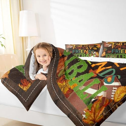 Fall Style Football Comforter Set Full Size Rustic Brown Barn Door Quilt Set 3pcs Nature Plants Bedding Set for Kids Girls Women Room Decor Vintage Sports Gaming Duvet Insert,2 Pillowcases