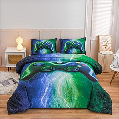 Meeting Story Gamer Gaming Bedding Sets Red Blue Lightnings Gamepad Comforter Set for Boys Games Console Action Buttons Novelty Colorful Modern Room Decor Home Quilt Set (Blue-Green, Queen)