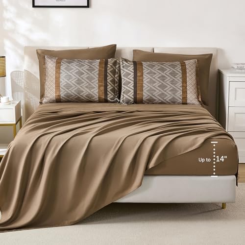 Cottolester Boho Queen Comforter Set,Khaki and Brown Striped Bed in a Bag