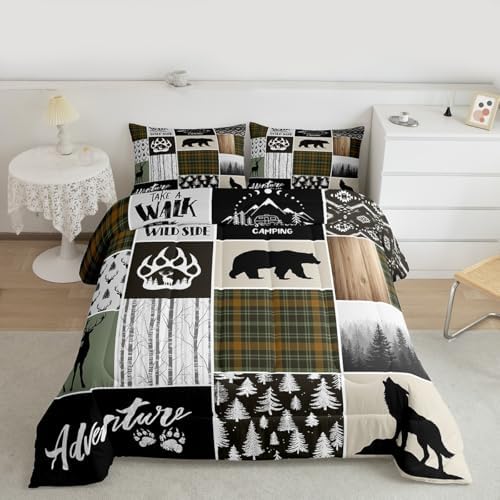 Camper Adventure Kids Comforter Set Queen Size,Deer Antlers Bear Paws Rustic Farmhouse Bedding Set for Boys Girls Adults Room Decor,Atzec Arrows Boho Down Comforter,Camo Duvet Insert,2 Pillowcases