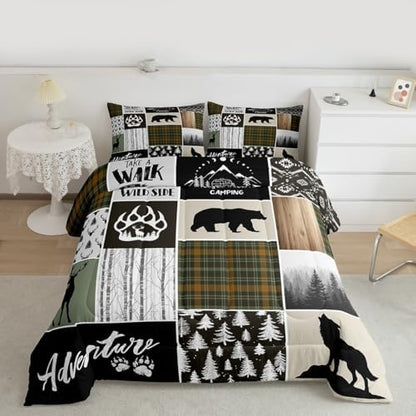 Camper Adventure Kids Comforter Set Queen Size,Deer Antlers Bear Paws Rustic Farmhouse Bedding Set for Boys Girls Adults Room Decor,Atzec Arrows Boho Down Comforter,Camo Duvet Insert,2 Pillowcases
