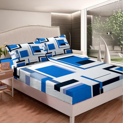 Feelyou Square Bed Sheets Blue Black White Sheet Set for Kids Boys Girls Modern Geometric Grid Bed Set Simple Graphic Decor Sheets with 1 Pillowcase 3Pcs Bedding Twin