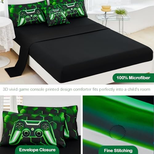 URBONUR Black Green Gaming Twin Comforter Set for Boys 6Pcs Bed in A Bag
