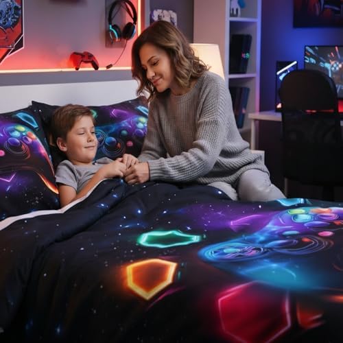 Erosebridal Game Consoles Full Size Bedding Set Gamer Gifts,Gaming Comforter Sets for Boys Space Glow Geometric Kids Comforter Sets Boy Red Green Blue Teal,Gamer Decor for Boys Bedroom
