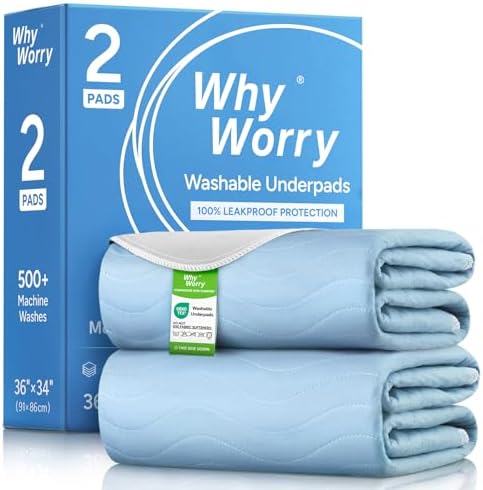 WhyWorry Washable Bed Pads for Adult Incontinence, 34"x36", Blue, 2 Count