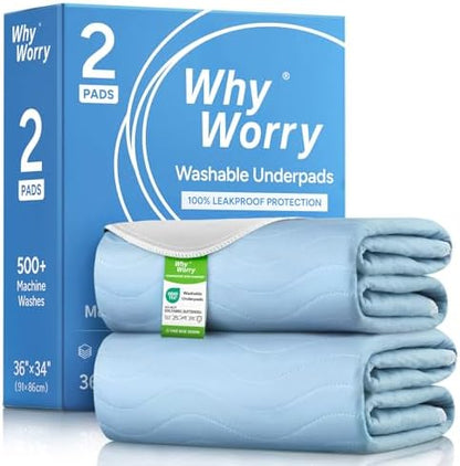 WhyWorry Washable Bed Pads for Adult Incontinence, 34"x36", Blue, 2 Count