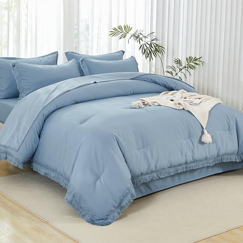 Andency King Comforter Set, 7 Pieces Grayish Blue Bedding