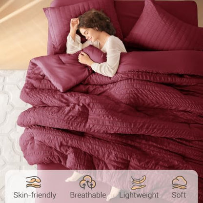 MUXHOMO 7 Pieces King Comforter Set, Seersucker Bed in a Bag King Size, All Season Luxury Bedding Set with Comforter, Flat Sheet, Fitted Sheet, Pillowcases & Shams, Burgundy