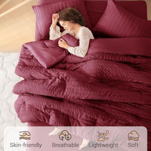 MUXHOMO 7 Pieces California King Comforter Set, Seersucker Bed in a Bag Cal King Size, All Season Luxury Bedding Set with Comforter, Flat Sheet, Fitted Sheet, Pillowcases & Shams, Burgundy