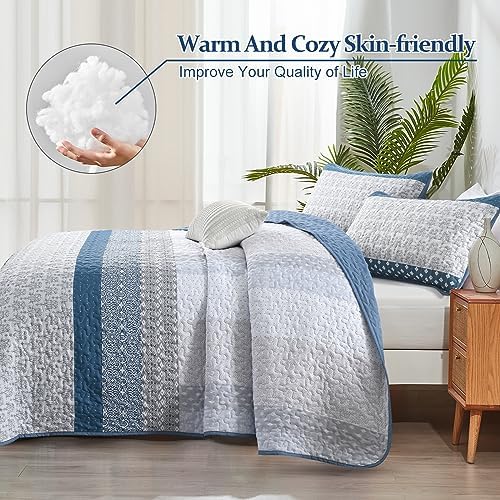 WONGS BEDDING Blue Queen Size Quilt Set, 3-Piece Boho Stripe Bedspread