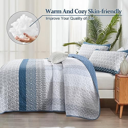 WONGS BEDDING Blue Queen Size Quilt Set, 3-Piece Boho Stripe Bedspread