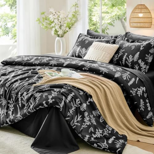 MUXHOMO Black California King Comforter Set, Elegant Floral Print Bed in a Bag 7 Pieces, Ultra Soft & Breathable Reversible Botanical Pattern Bedding Set with Comforter, Sheets, Pillowcases, and Shams