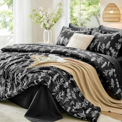 MUXHOMO Black California King Comforter Set, Elegant Floral Print Bed in a Bag 7 Pieces, Ultra Soft & Breathable Reversible Botanical Pattern Bedding Set with Comforter, Sheets, Pillowcases, and Shams
