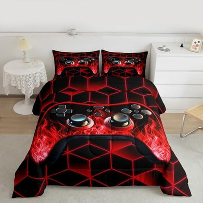 Red Kids Bedding Sets for Gamer Boys, Neon Geometric Twin Comforter Set, 3D Geometric Kids Twin Bedding Set with Flame Game Consoles Gamer Decor
