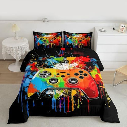 Erosebridal Gamer Comforter Set Graffiti Tie Dye Game Consoles Girl Toddler Bedding Set for Preteen Boys Girls Gaming Comforter Watercolor Abstract Art Quilt
