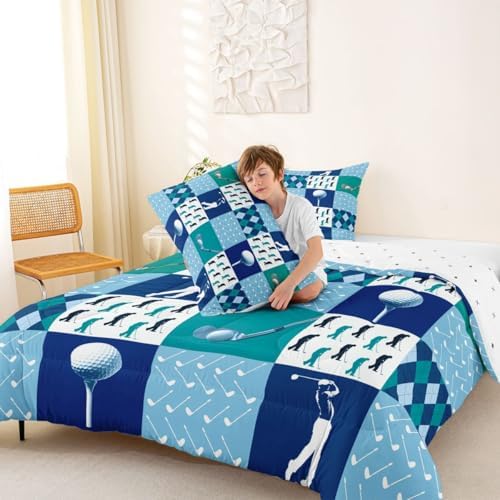 Homewish Golf Comforter Set King Size,Golf Sports Games Bedding Set 3Pcs Geometric Diamond Grid Patchwork Quilt Set for Kids Girls Boys Adult Room Decor Navy Blue White Duvet Insert,2 Pillowcases