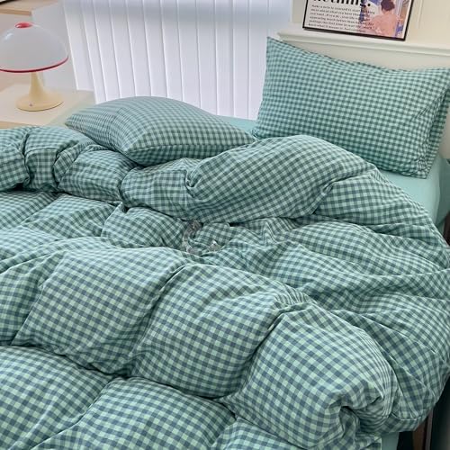 mixinni Dark Green Gingham Comforter Set King, Plaid Comforter Set 3 Pieces 1 Teal Grid Comfoter with 2 Pillow Cases for All Seasons, Soft Fluffy Modern Grid Pattern Printed Bedding-King Size